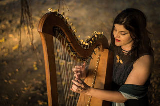 Playing harp in Port Douglas